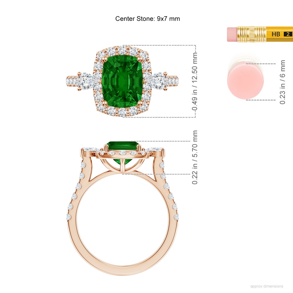 9x7mm AAAA Cushion Rectangular Emerald Halo Side Stone Engagement Ring in Rose Gold ruler