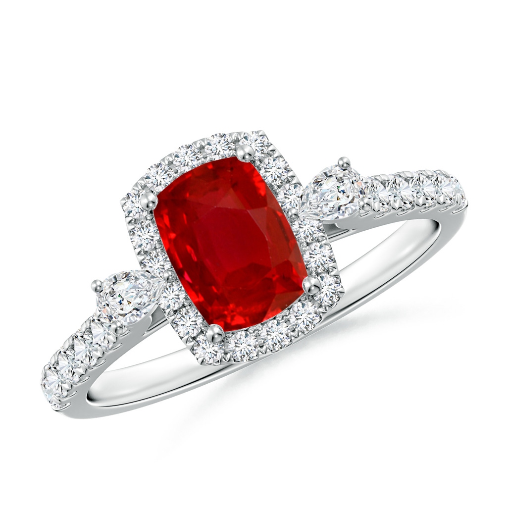 7x5mm AAA Cushion Rectangular Ruby Halo Side Stone Engagement Ring in White Gold