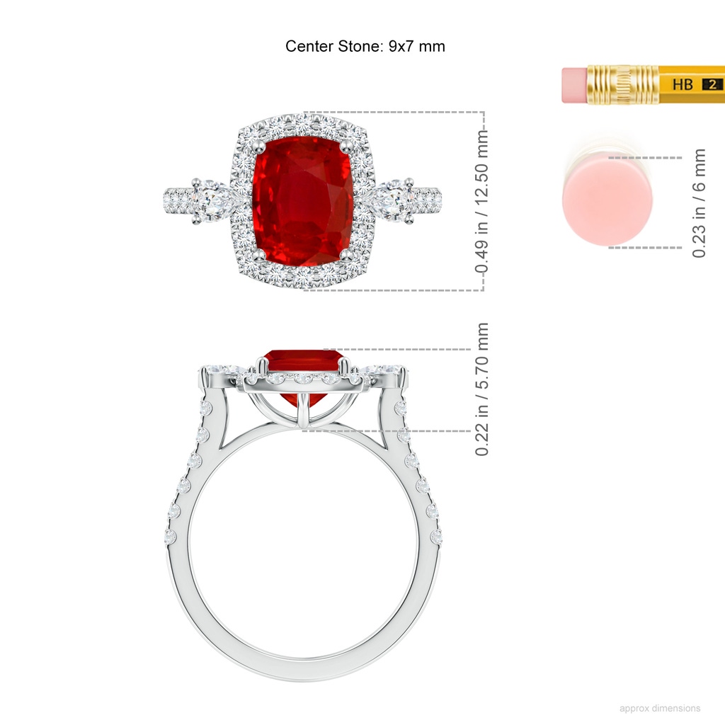9x7mm AAA Cushion Rectangular Ruby Halo Side Stone Engagement Ring in White Gold ruler