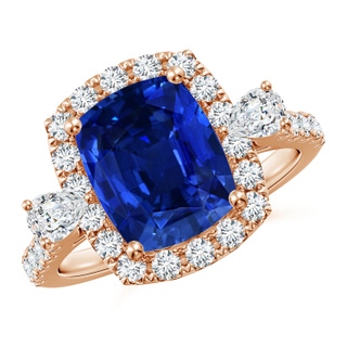 10x8mm AAAA Cushion Rectangular Blue Sapphire Halo Side Stone Engagement Ring in Rose Gold