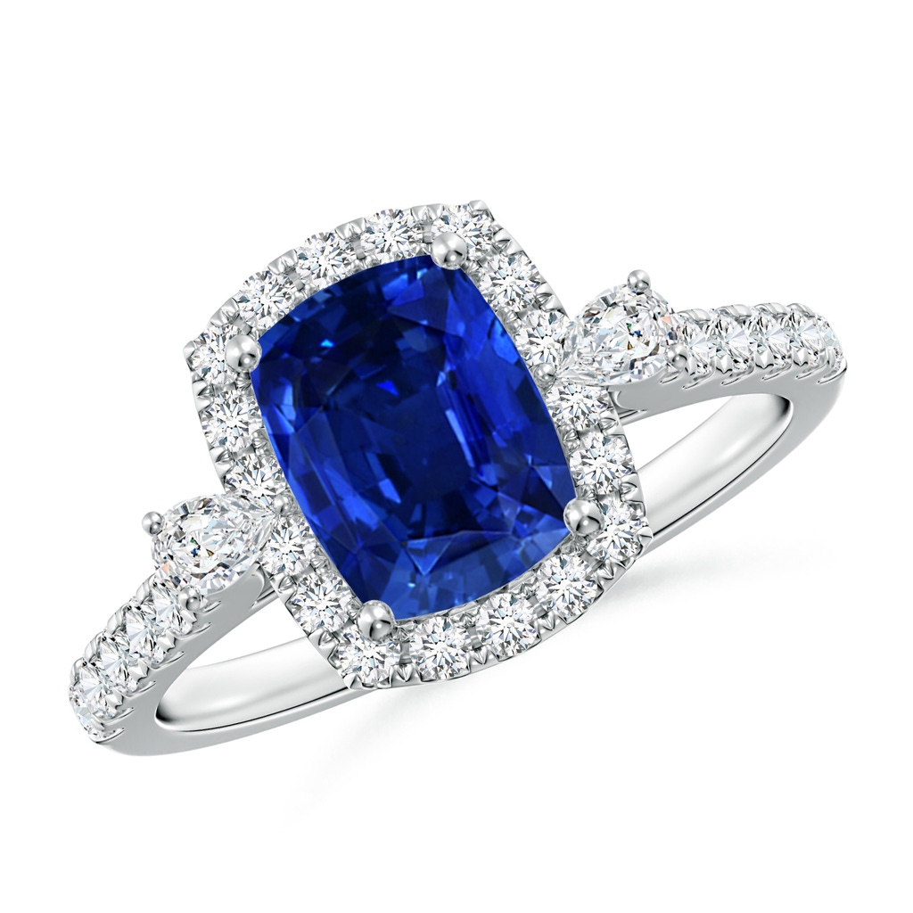 8x6mm Lab-Grown Cushion Rectangular Blue Sapphire Halo Side Stone Engagement Ring in White Gold