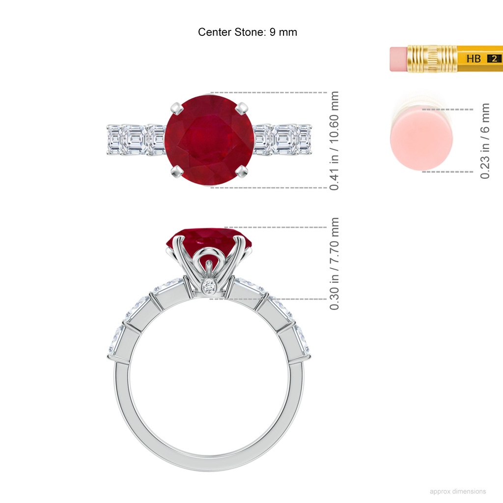 9mm AA Round Ruby Engagement Ring with Diamond Accents in White Gold ruler