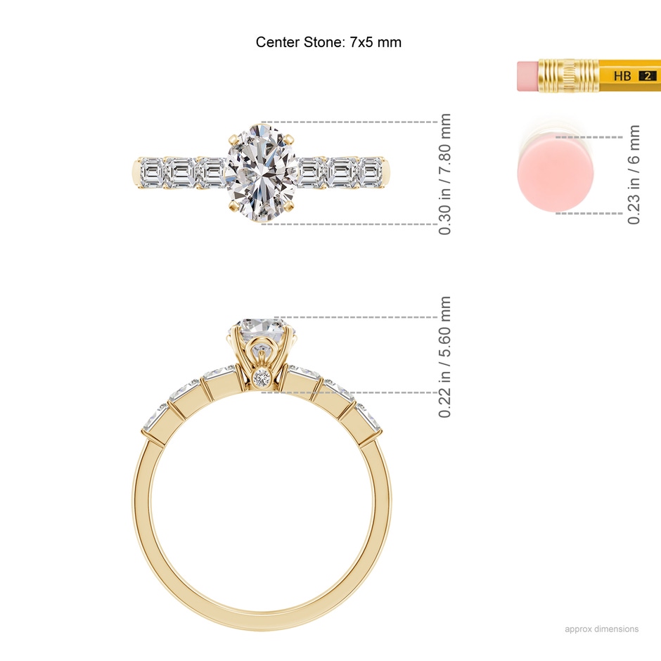 7x5mm IJI1I2 Oval Diamond Engagement Ring with Accents in Yellow Gold ruler