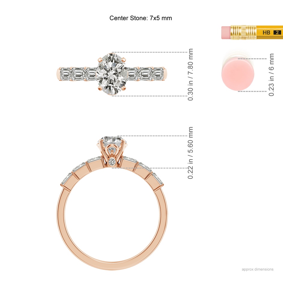 7x5mm KI3 Oval Diamond Engagement Ring with Accents in Rose Gold ruler
