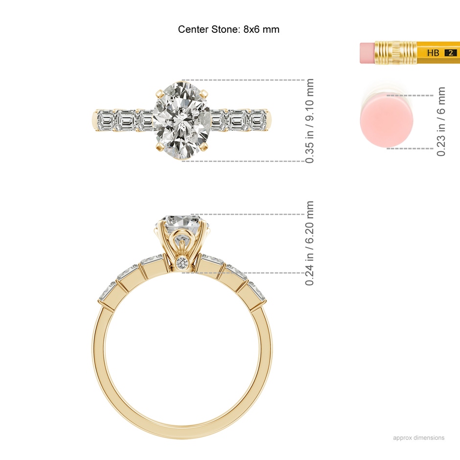 8x6mm KI3 Oval Diamond Engagement Ring with Accents in Yellow Gold ruler