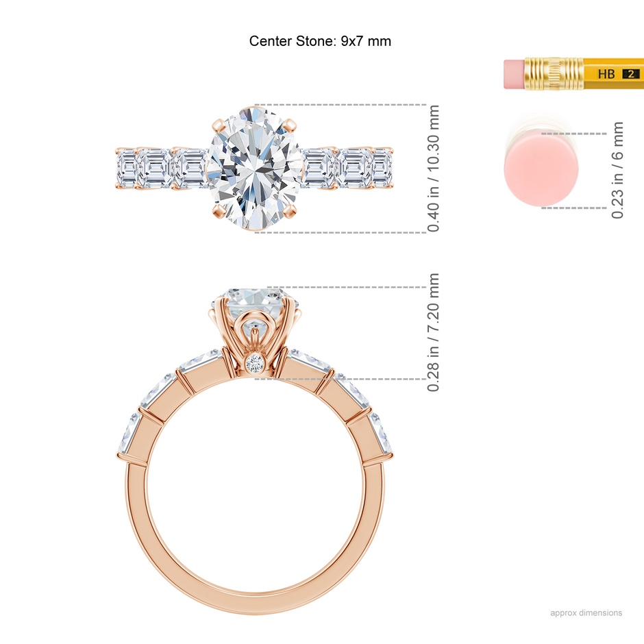 9x7mm GVS2 Oval Diamond Engagement Ring with Accents in Rose Gold ruler