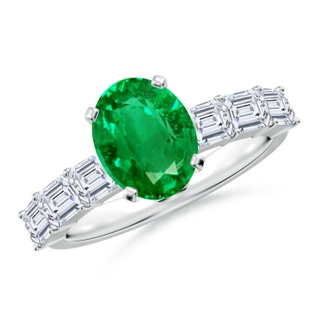 9x7mm AAA Oval Emerald Engagement Ring with Diamond Accents in 18K White Gold