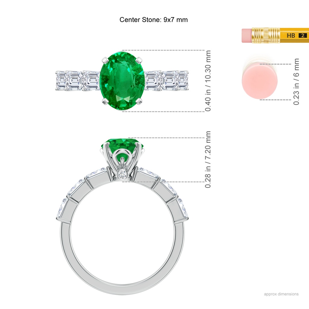 9x7mm AAA Oval Emerald Engagement Ring with Diamond Accents in 18K White Gold ruler