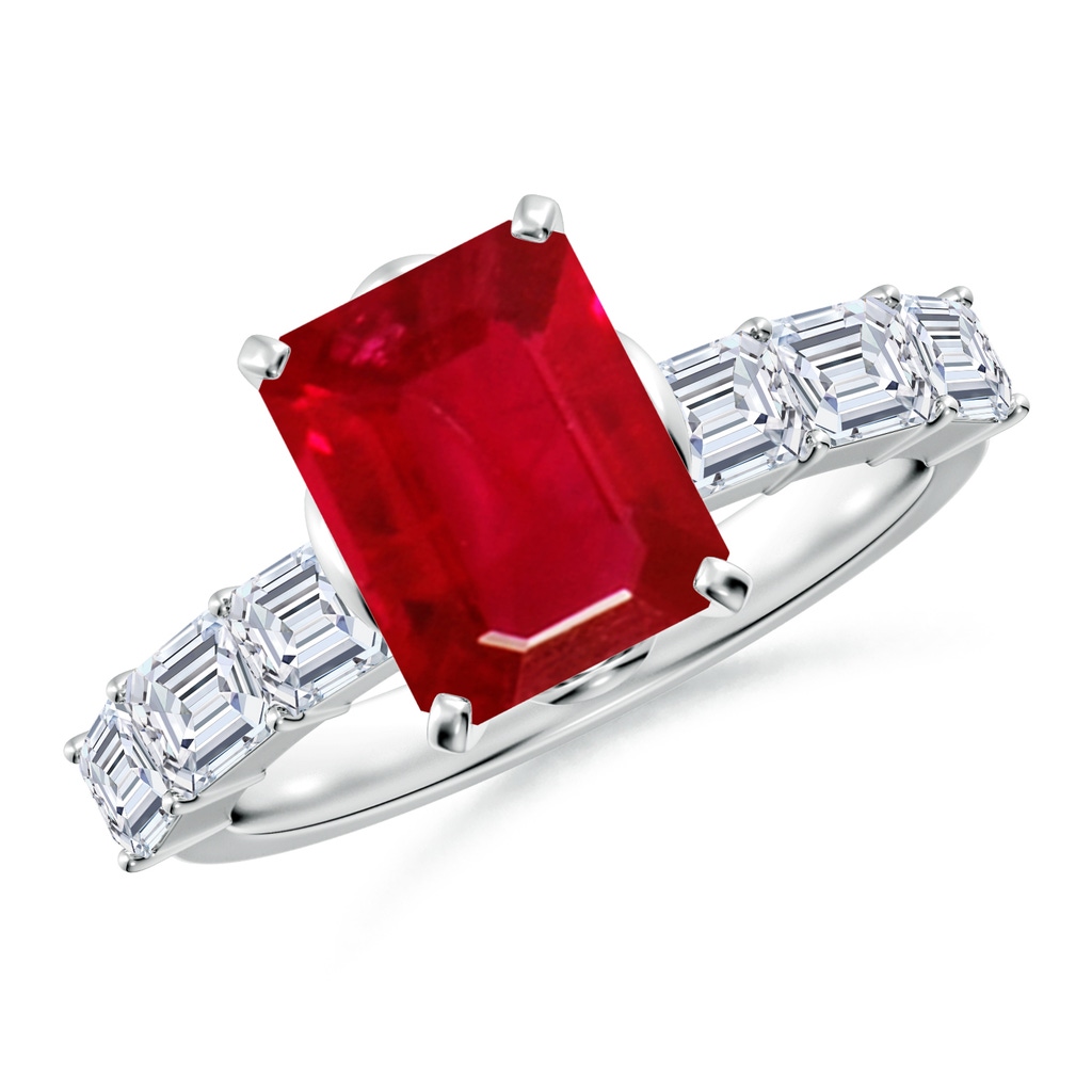 9x7mm AAA Emerald-Cut Ruby Engagement Ring with Diamond Accents in White Gold