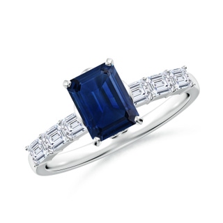 7x5mm AAA Emerald-Cut Blue Sapphire Engagement Ring with Diamond Accents in White Gold