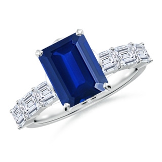 9x7mm AAAA Emerald-Cut Blue Sapphire Engagement Ring with Diamond Accents in P950 Platinum