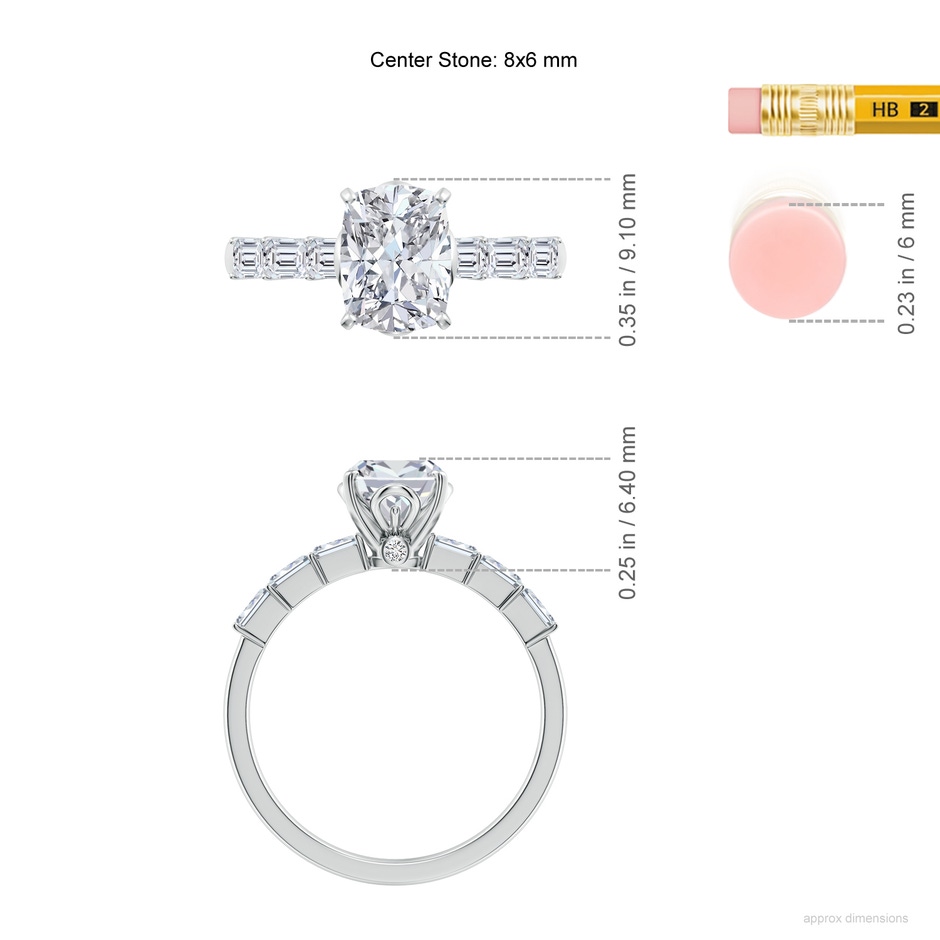 8x6mm HSI2 Cushion Rectangular Diamond Engagement Ring with Accents in White Gold ruler