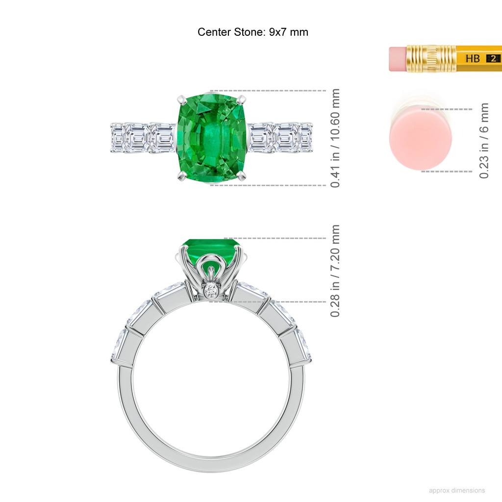 9x7mm AAA Cushion Rectangular Emerald Engagement Ring with Diamond Accents in White Gold ruler