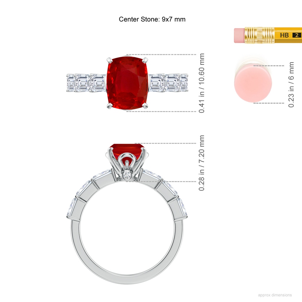 9x7mm AAA Cushion Rectangular Ruby Engagement Ring with Diamond Accents in White Gold ruler