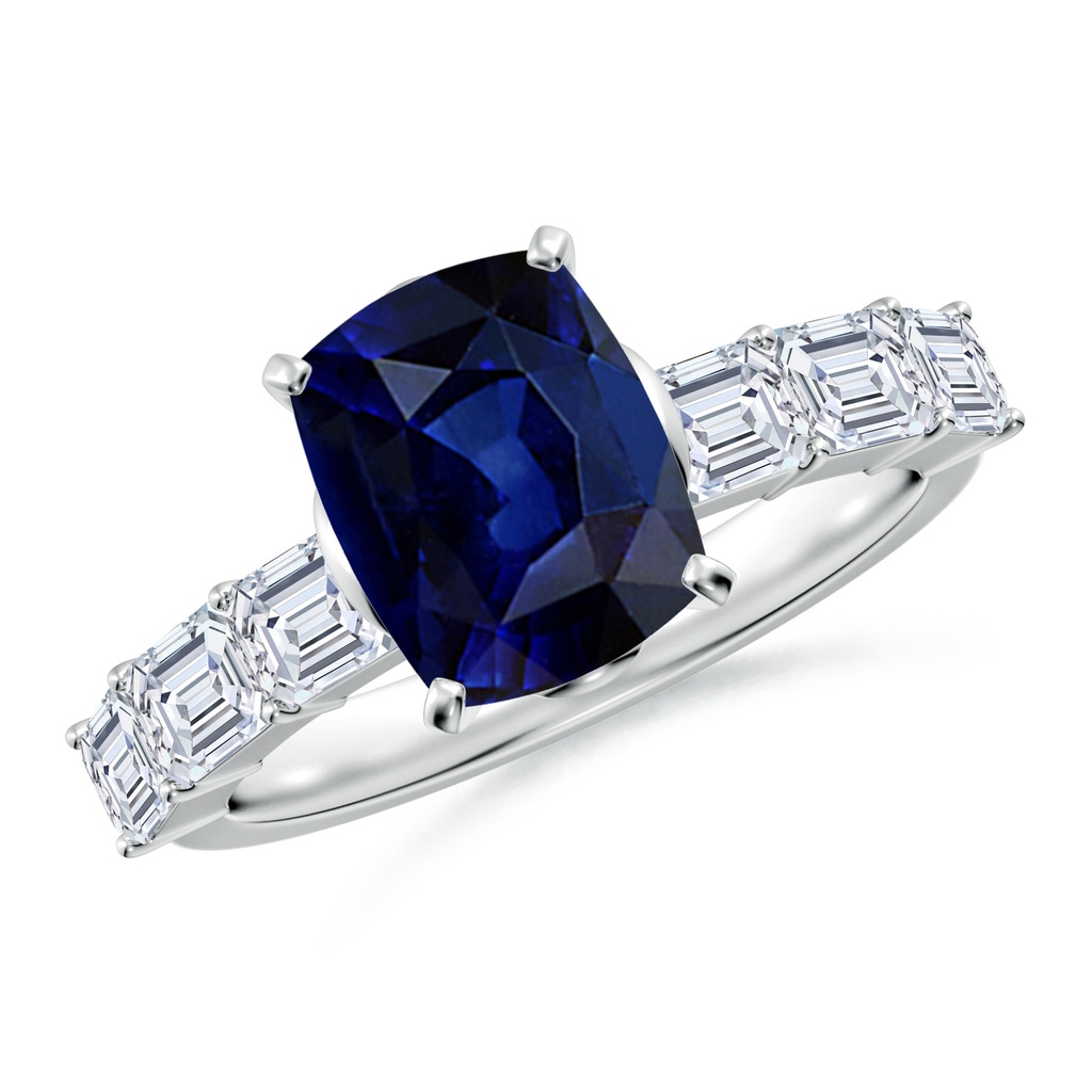 9x7mm AAA Cushion Rectangular Blue Sapphire Engagement Ring with Diamond Accents in White Gold