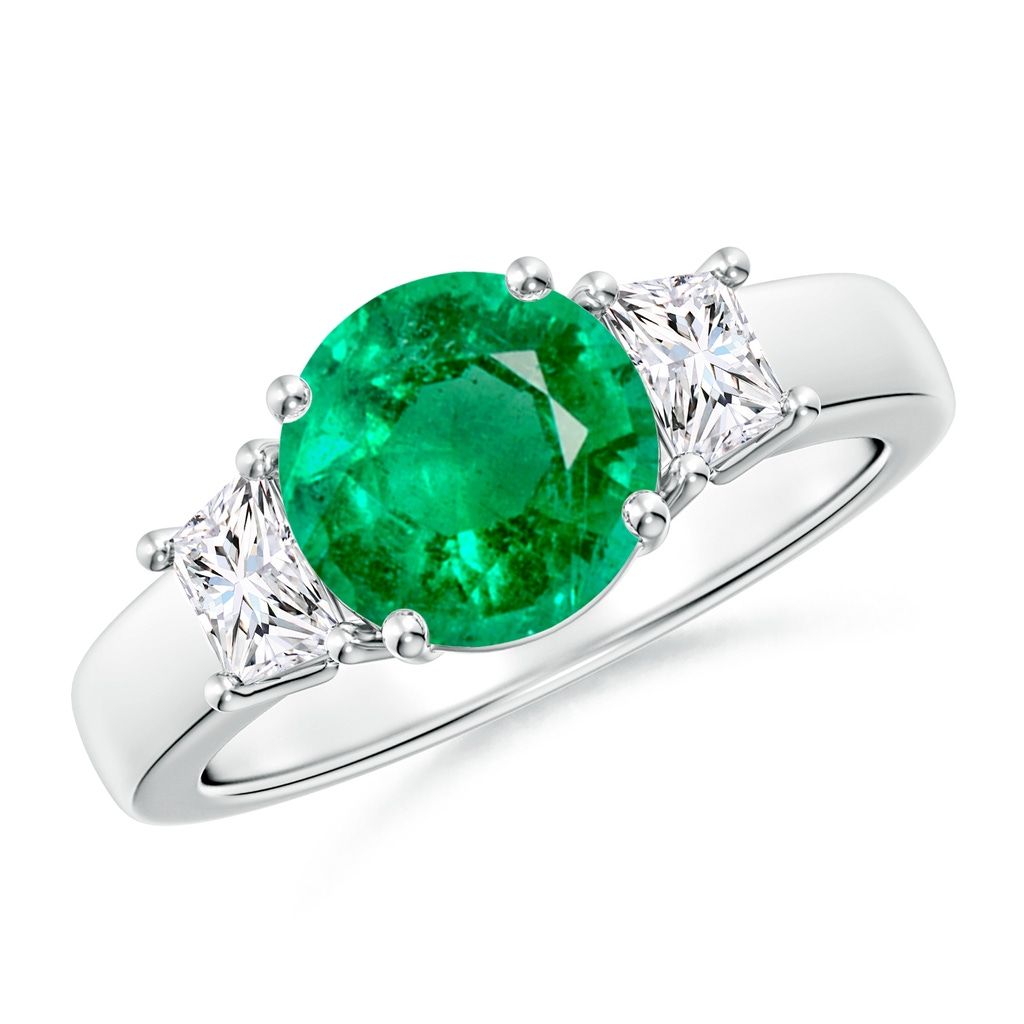 8mm AAA Classic Round Emerald and Trapezoid Diamond Three Stone Engagement Ring in White Gold