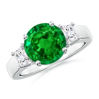 9mm AAAA Classic Round Emerald and Trapezoid Diamond Three Stone Engagement Ring in P950 Platinum