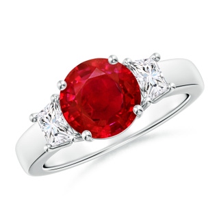 8mm AAA Classic Round Ruby and Trapezoid Diamond Three Stone Engagement Ring in P950 Platinum