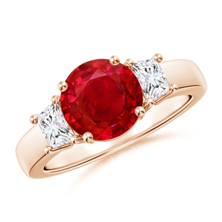 8mm AAA Classic Round Ruby and Trapezoid Diamond Three Stone Engagement Ring in Rose Gold