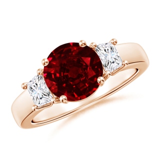 8mm AAAA Classic Round Ruby and Trapezoid Diamond Three Stone Engagement Ring in Rose Gold