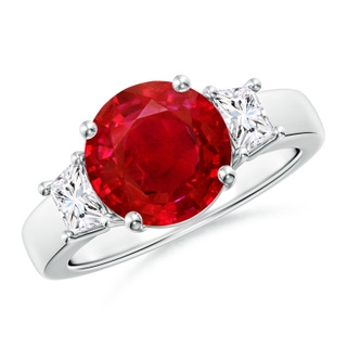 9mm AAA Classic Round Ruby and Trapezoid Diamond Three Stone Engagement Ring in P950 Platinum