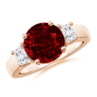 9mm AAAA Classic Round Ruby and Trapezoid Diamond Three Stone Engagement Ring in Rose Gold