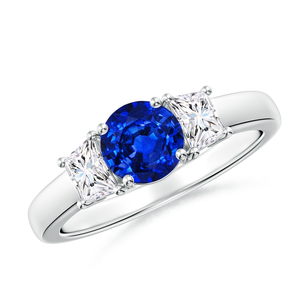 6mm Lab-Grown Classic Round Blue Sapphire and Trapezoid Diamond Three Stone Engagement Ring in 18K White Gold