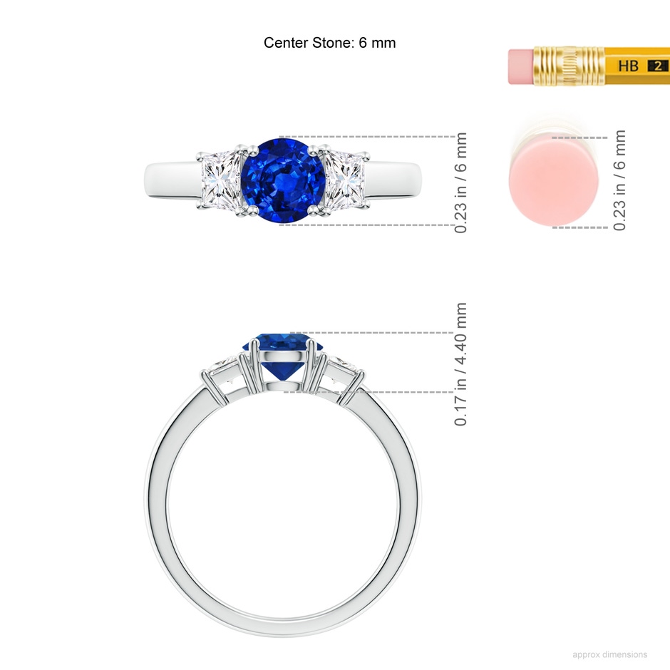 6mm Lab-Grown Classic Round Blue Sapphire and Trapezoid Diamond Three Stone Engagement Ring in 18K White Gold ruler