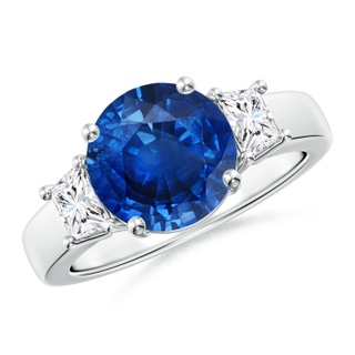 9mm AAA Classic Round Blue Sapphire and Trapezoid Diamond Three Stone Engagement Ring in White Gold