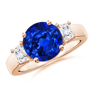 9mm AAAA Classic Round Blue Sapphire and Trapezoid Diamond Three Stone Engagement Ring in Rose Gold