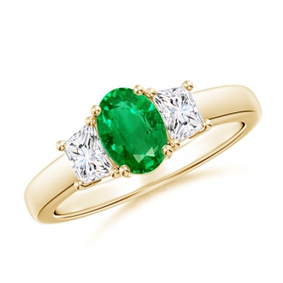 7x5mm AAA Classic Oval Emerald and Trapezoid Diamond Three Stone Engagement Ring in Yellow Gold