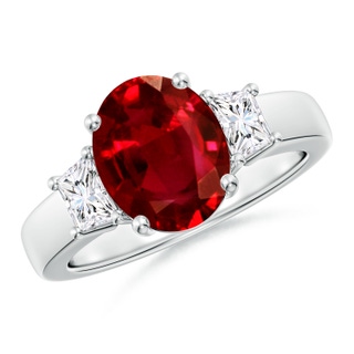 10x8mm AAAA Classic Oval Ruby and Trapezoid Diamond Three Stone Engagement Ring in P950 Platinum