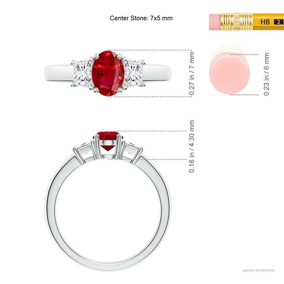 7x5mm AAA Classic Oval Ruby and Trapezoid Diamond Three Stone Engagement Ring in White Gold ruler