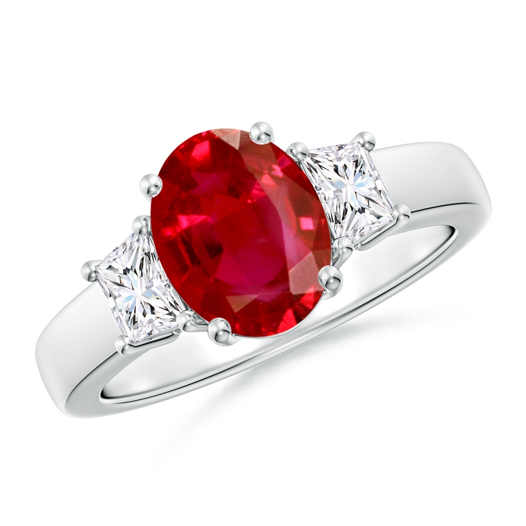9x7mm AAA Classic Oval Ruby and Trapezoid Diamond Three Stone Engagement Ring in White Gold