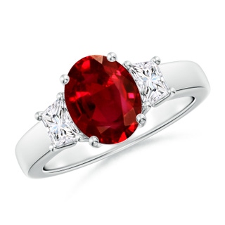 9x7mm AAAA Classic Oval Ruby and Trapezoid Diamond Three Stone Engagement Ring in P950 Platinum