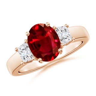 9x7mm AAAA Classic Oval Ruby and Trapezoid Diamond Three Stone Engagement Ring in Rose Gold