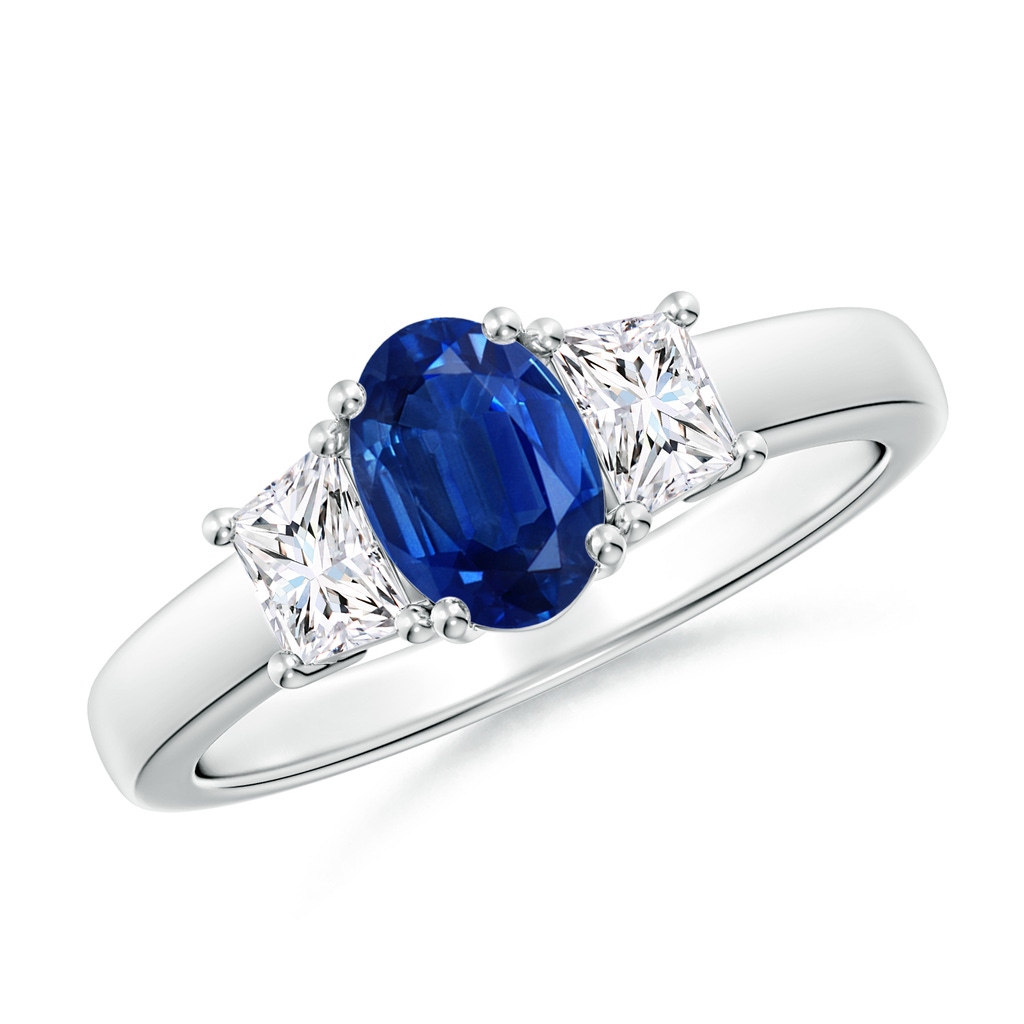 7x5mm AAA Classic Oval Blue Sapphire and Trapezoid Diamond Three Stone Engagement Ring in White Gold