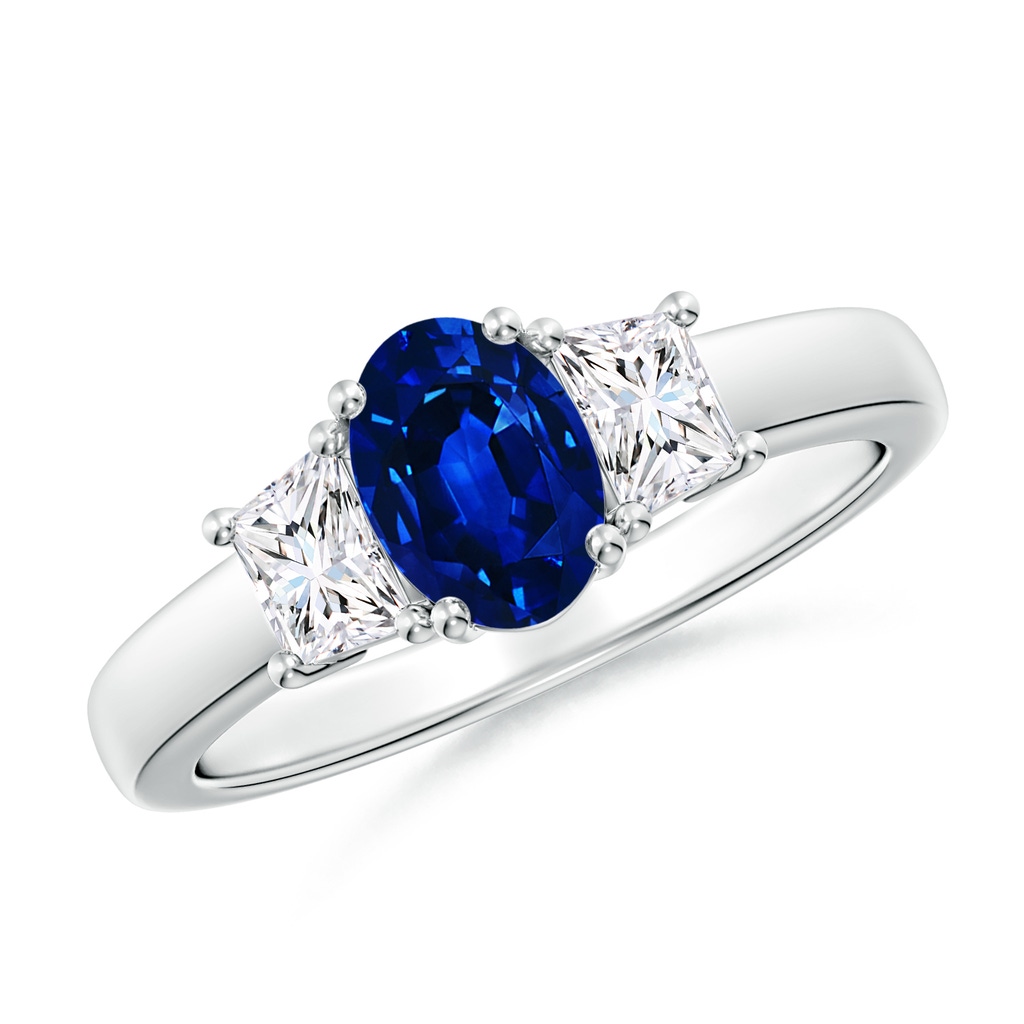 7x5mm Lab-Grown Classic Oval Blue Sapphire and Trapezoid Diamond Three Stone Engagement Ring in 18K White Gold