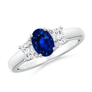 7x5mm AAAA Classic Oval Blue Sapphire and Trapezoid Diamond Three Stone Engagement Ring in P950 Platinum