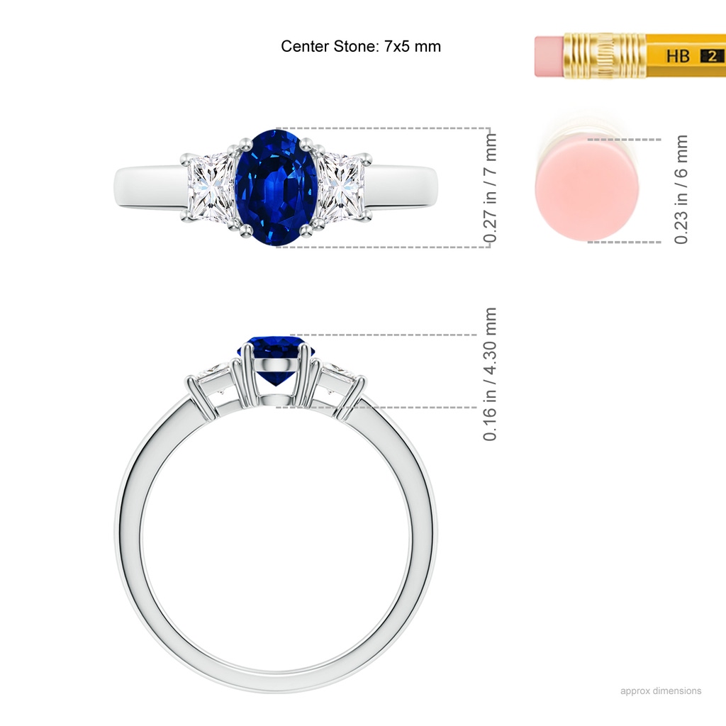 7x5mm AAAA Classic Oval Blue Sapphire and Trapezoid Diamond Three Stone Engagement Ring in P950 Platinum ruler