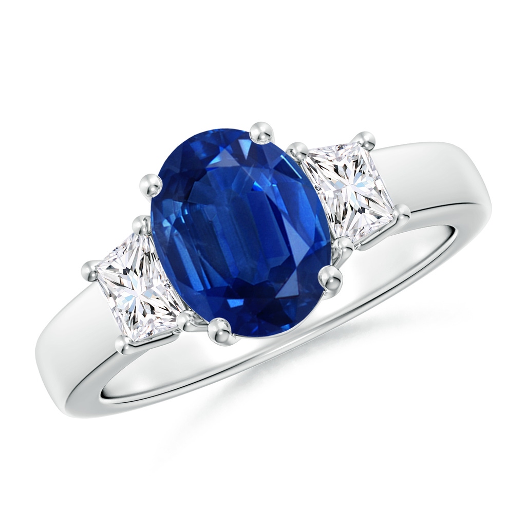9x7mm AAA Classic Oval Blue Sapphire and Trapezoid Diamond Three Stone Engagement Ring in White Gold