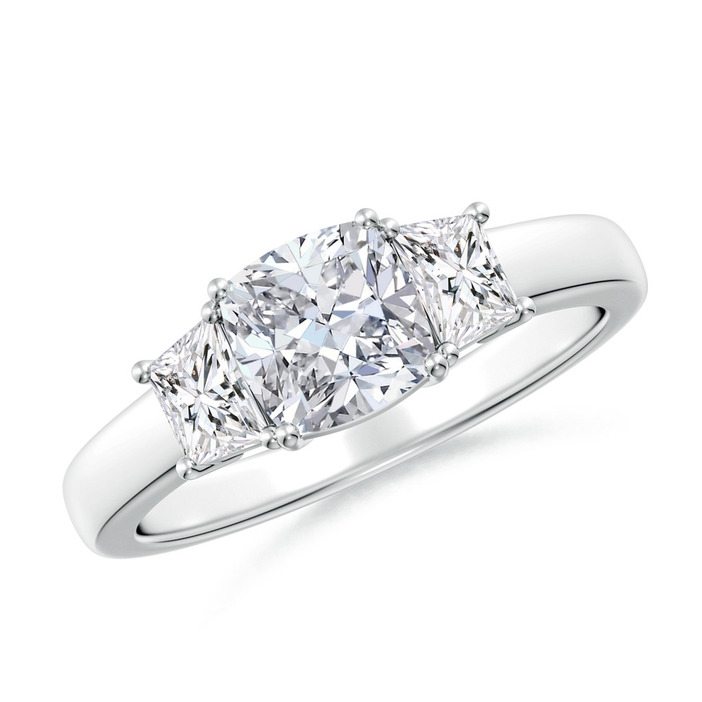 6mm HSI2 Classic Cushion and Trapezoid Diamond Three Stone Engagement Ring in White Gold