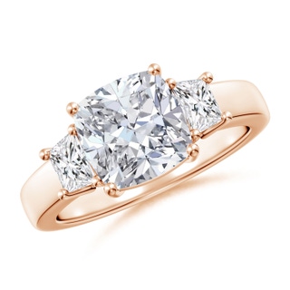 8mm HSI2 Classic Cushion and Trapezoid Diamond Three Stone Engagement Ring in Rose Gold