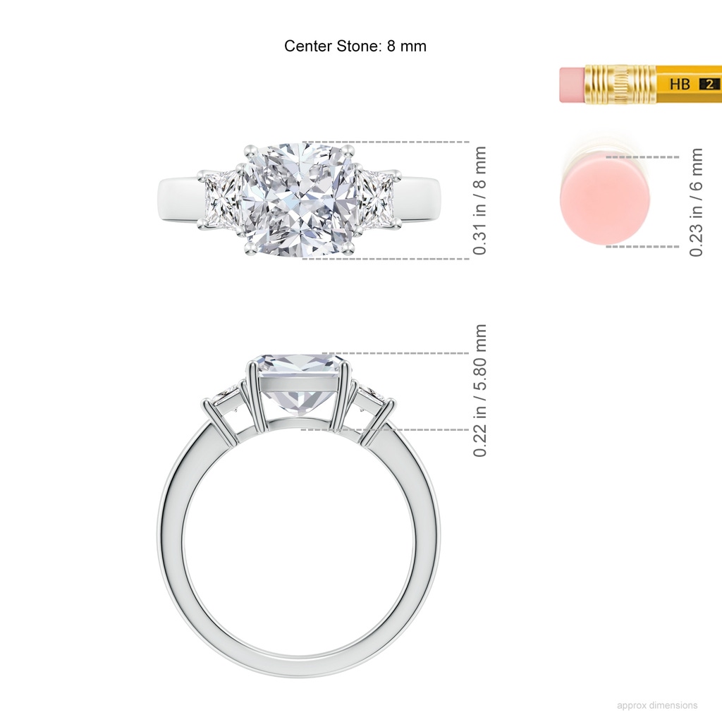 8mm HSI2 Classic Cushion and Trapezoid Diamond Three Stone Engagement Ring in White Gold ruler