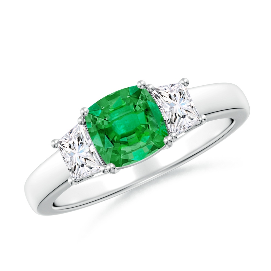 6mm AAA Classic Cushion Emerald and Trapezoid Diamond Three Stone Engagement Ring in White Gold 