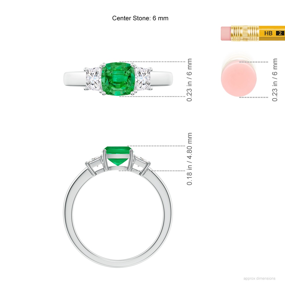 6mm AAA Classic Cushion Emerald and Trapezoid Diamond Three Stone Engagement Ring in White Gold ruler