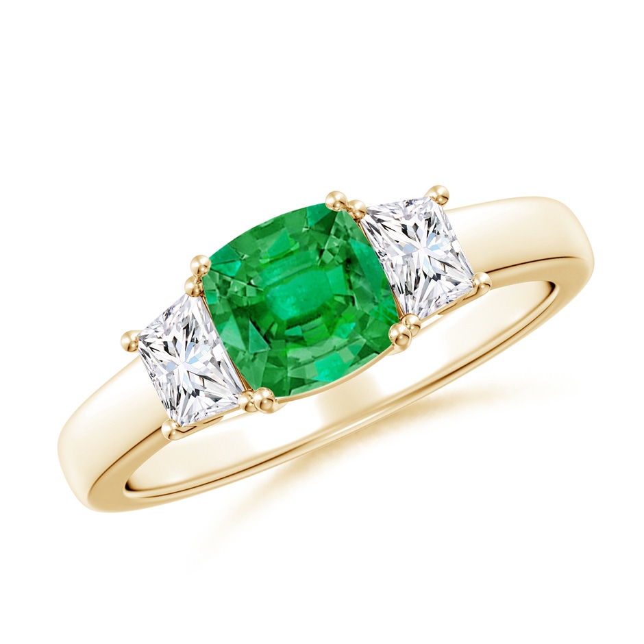 6mm AAA Classic Cushion Emerald and Trapezoid Diamond Three Stone Engagement Ring in Yellow Gold 