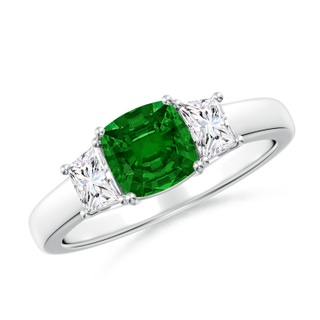 6mm AAAA Classic Cushion Emerald and Trapezoid Diamond Three Stone Engagement Ring in White Gold