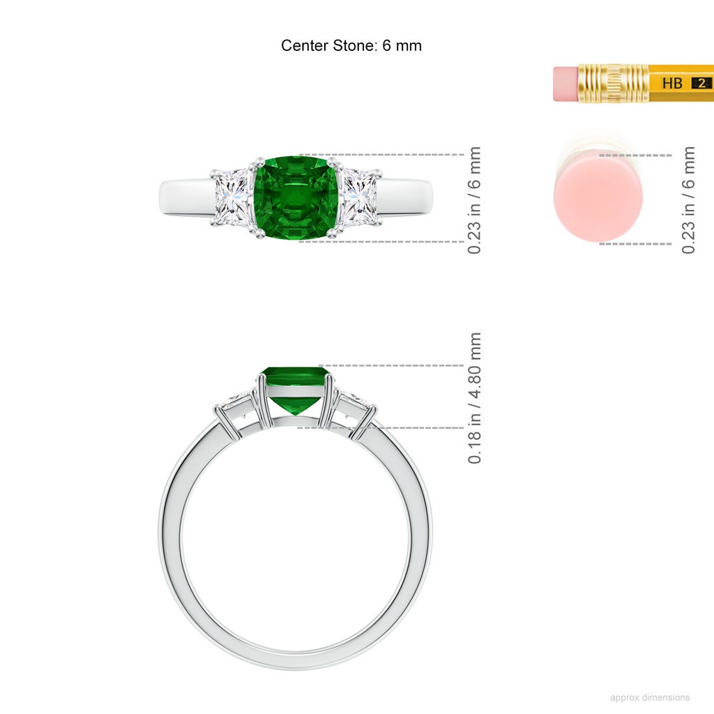 6mm AAAA Classic Cushion Emerald and Trapezoid Diamond Three Stone Engagement Ring in White Gold ruler