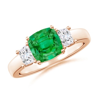 7mm AAA Classic Cushion Emerald and Trapezoid Diamond Three Stone Engagement Ring in Rose Gold